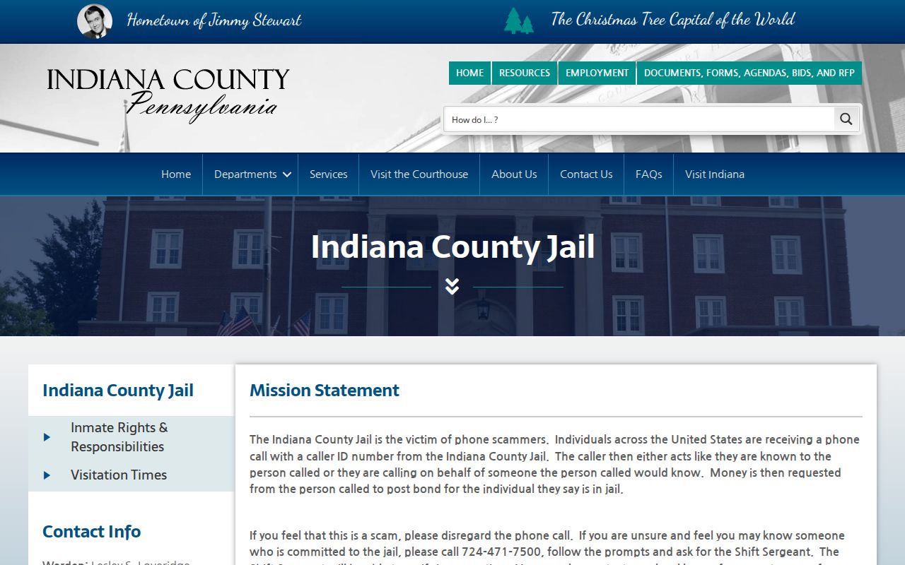 Indiana County arrest booking and jail custody contacts