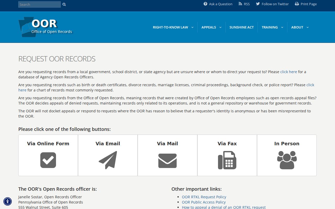 Indiana County arrest record Right-to-Know request form