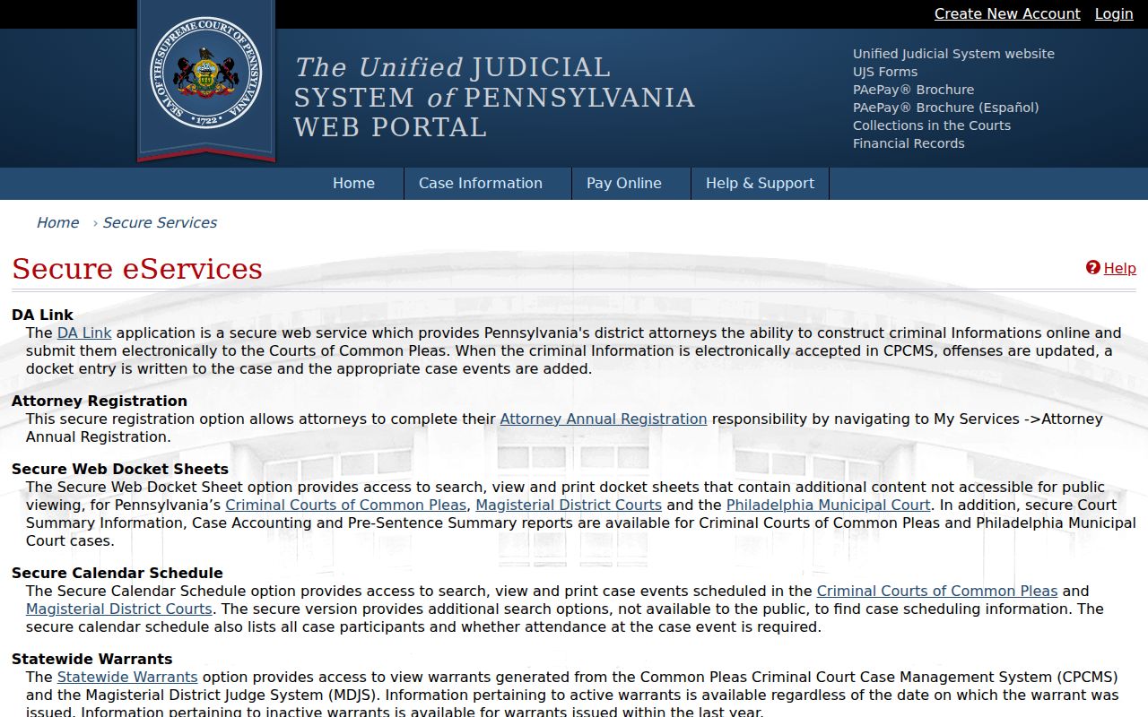Indiana County criminal case secure service limitations in UJS