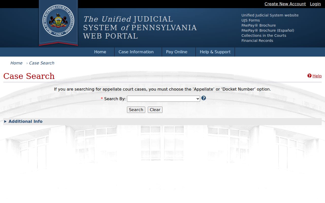 Indiana County criminal court case search on the UJS portal