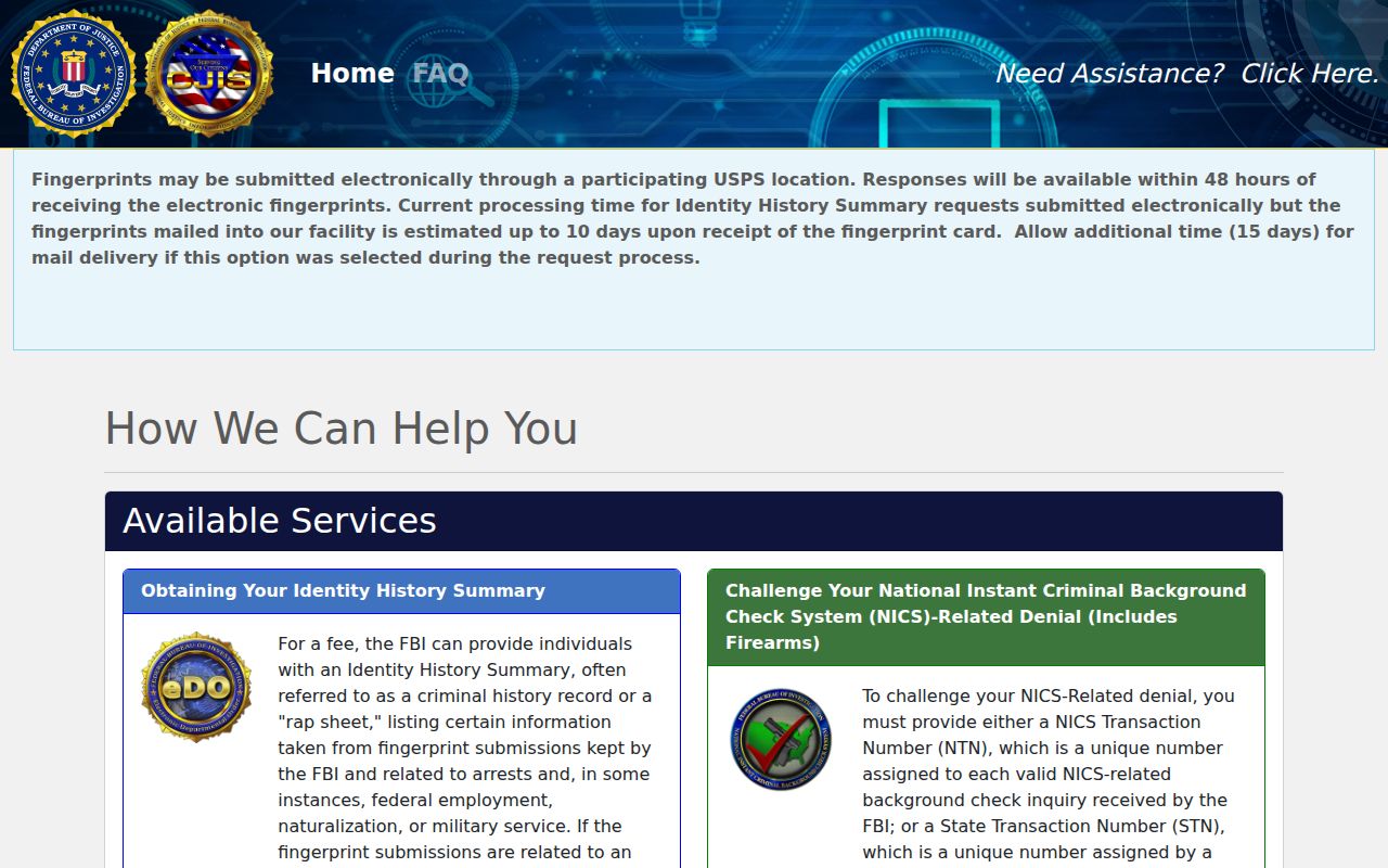 FBI identity history ordering portal for an Indiana County self-record check