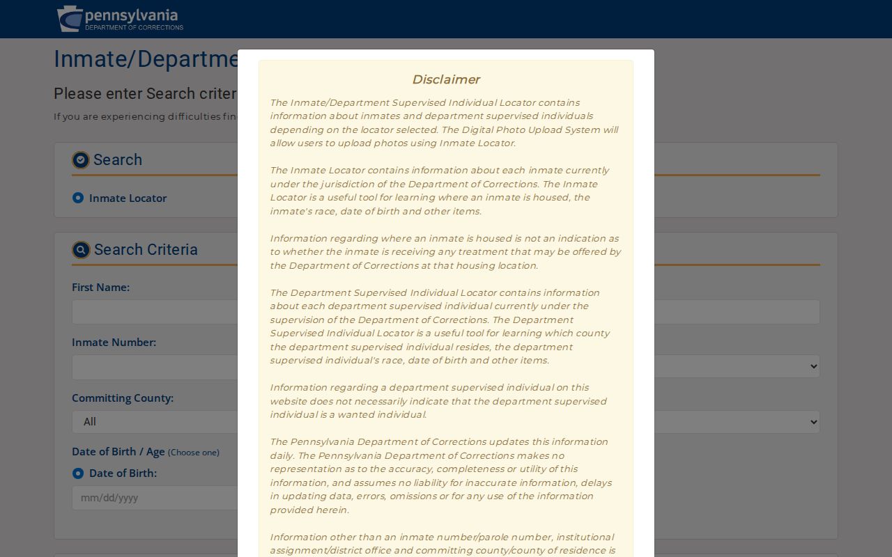 Pennsylvania inmate and parolee locator for Indiana County custody records
