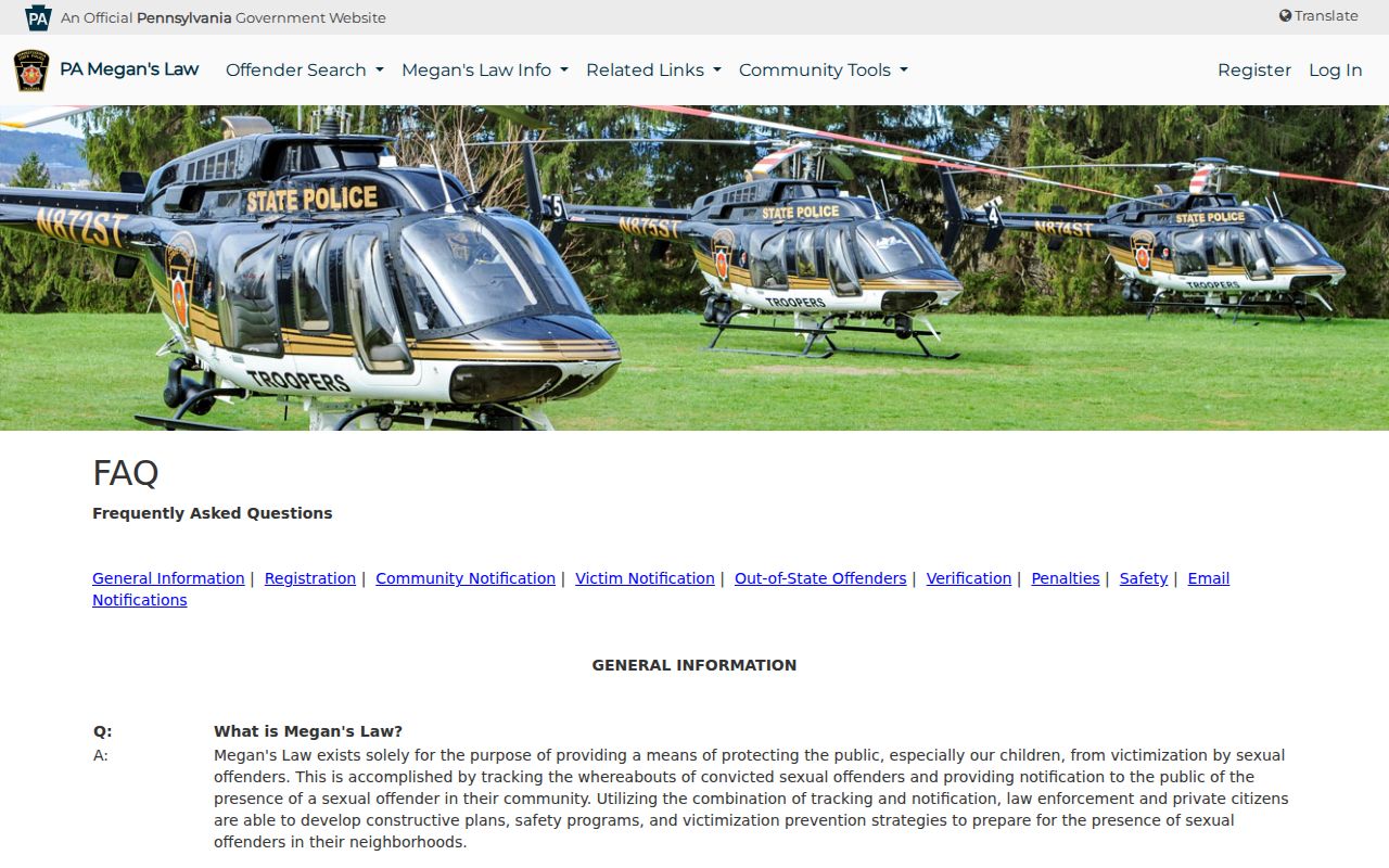 Indiana County sex offender registry profile field FAQ